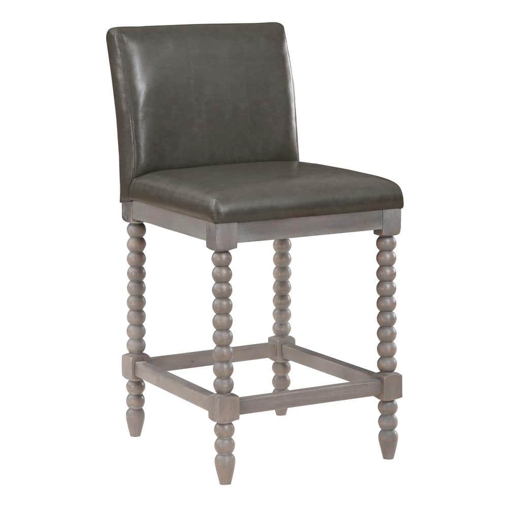 OSP Home Furnishings Abbott 39 in. Brushed Grey Wood Frame Spindle Counter Bar Stool with Pewter Faux Leather Seat, Pewter / Brushed Grey