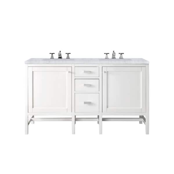 James Martin Vanities Addison 60 in. W x 23.5 in. D x 35.5 in. H Double Bath Vanity in White with Carrara White Marble Top