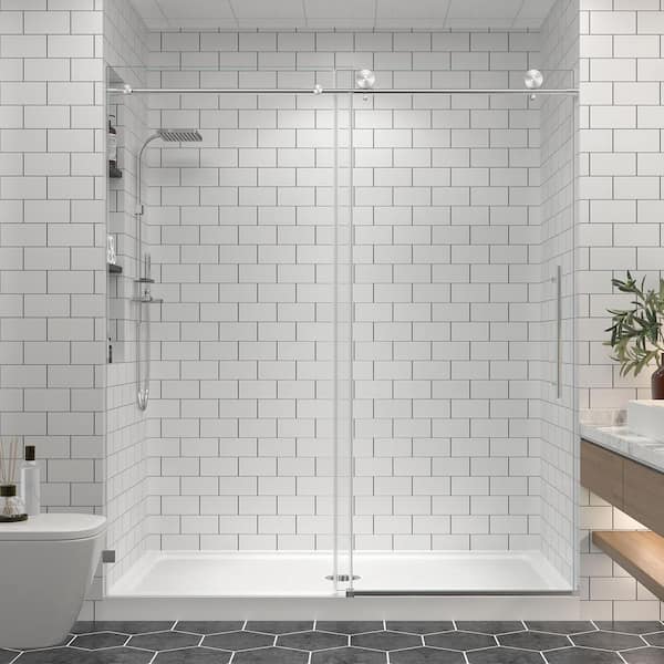 EASYWORC 49 to 54.8 in. W x 76 in. H Sliding Frameless Shower Door in Brushed Nickel Finish with Clear Tempered Glass