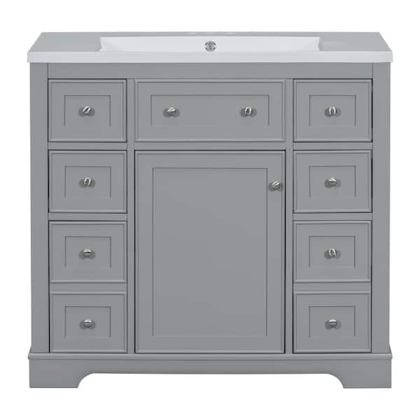 JimsMaison 36 in. W x 18 in. D x 35 in. H Single Sink Freestanding Bath Vanity in White with White Ceramic Top