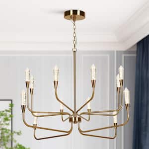 Modern 12-Light Dimmable Integrated LED Plating Brass Candle Chandelier for Dining Room
