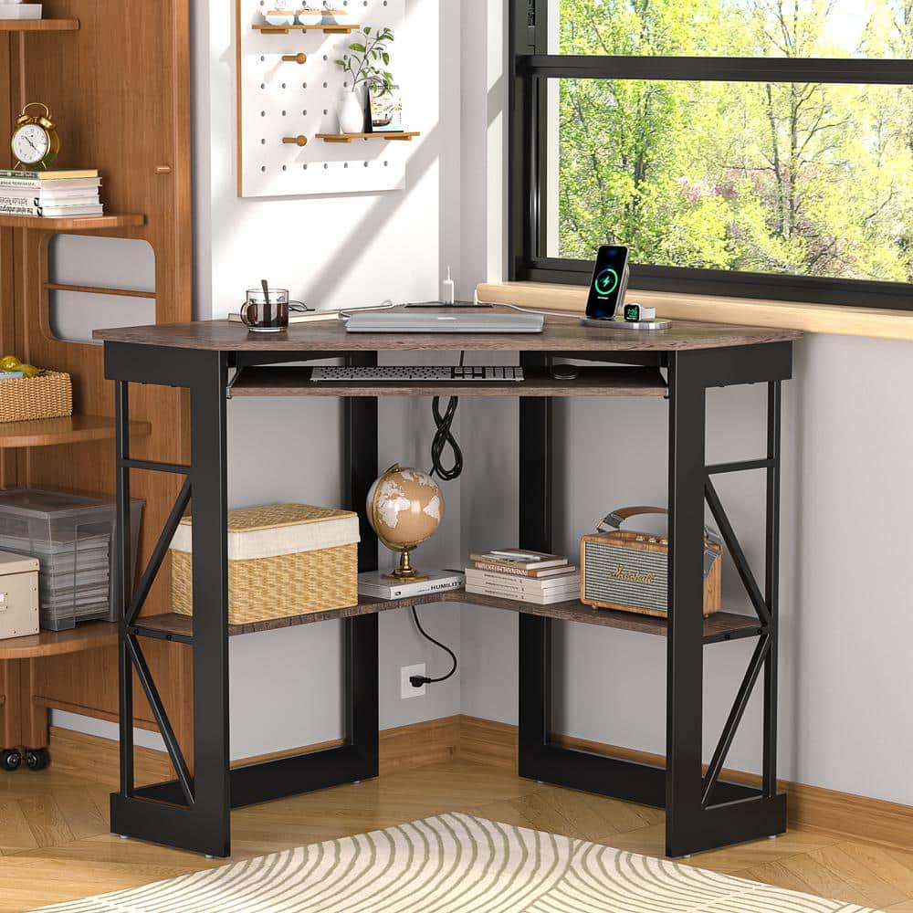 VECELO Corner Computer Desk with BuiltIn Charging Station, Keyboard