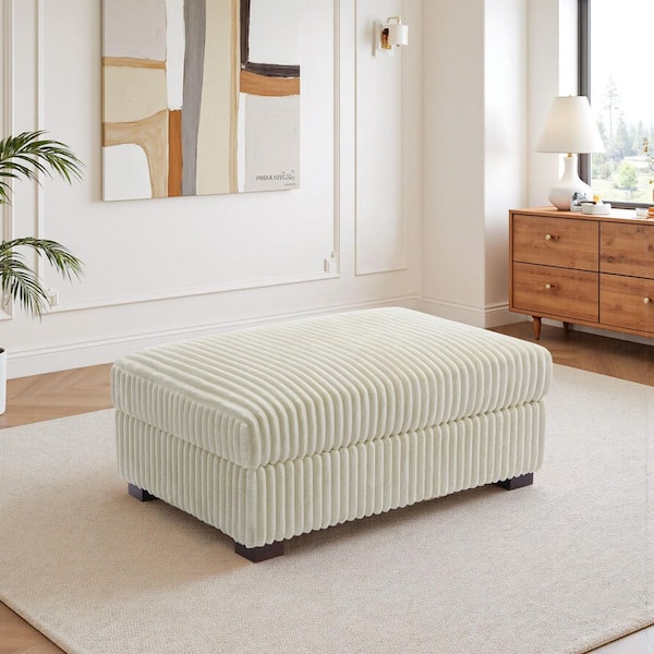 White Faux Rabbit Fur Polyester Rectangle Accent Ottoman (Set of 1)