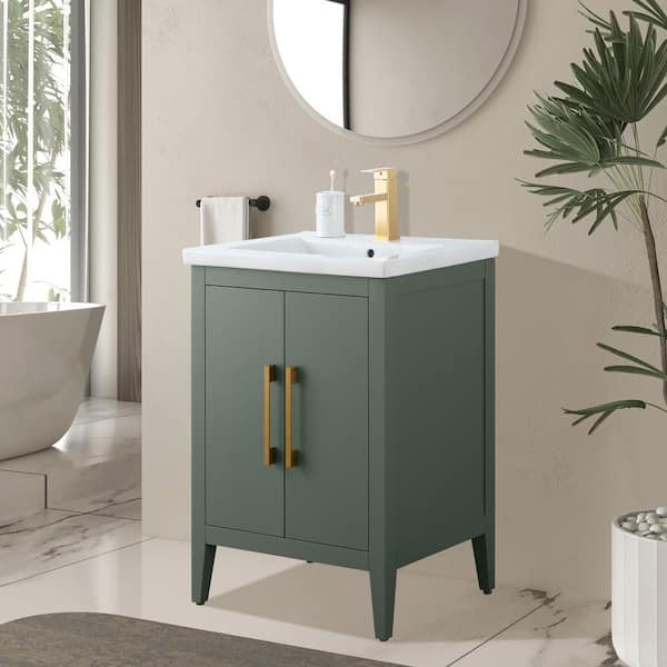 24 in. W x 18.5 in D x 34 in. H Single Sink Bathroom Vanity Cabinet in Vintage Green with Ceramic Top