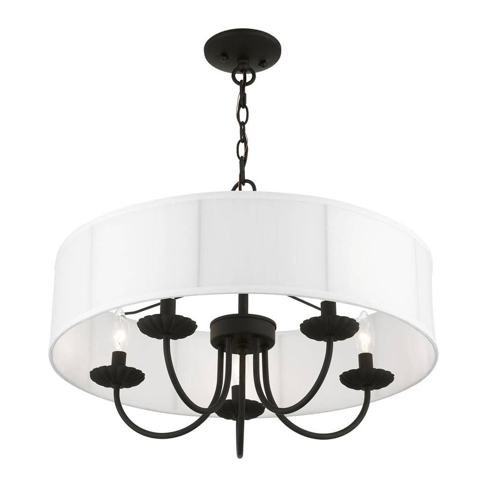 Brookdale Black Steel 5-Light Drum Pendant with Off-White Shade