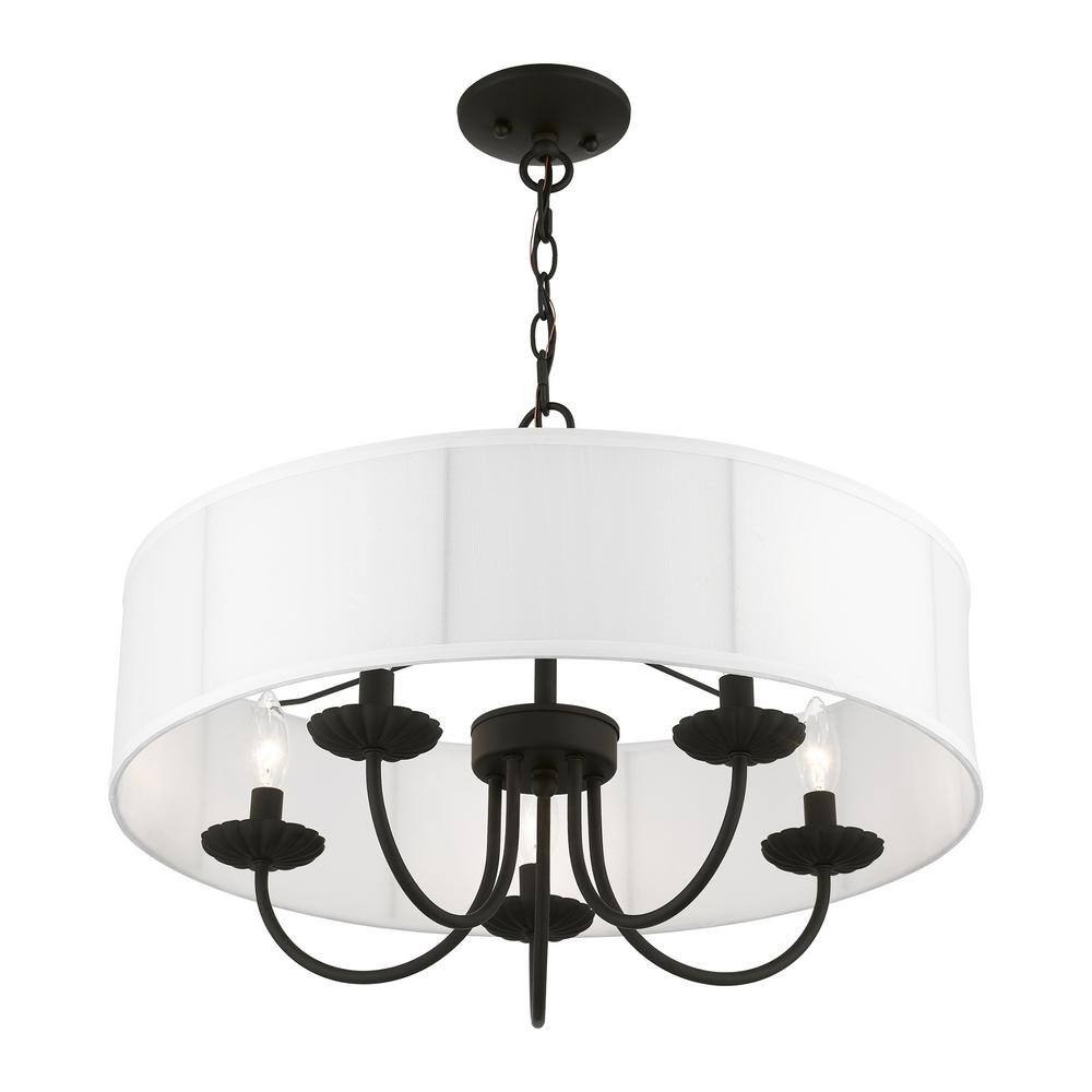 Brookdale Black Steel 5-Light Drum Pendant with Off-White Shade