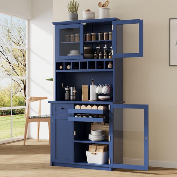 Modern Blue Wood 35.4 in. W Buffet with Hutch, Drawer and Glass Door