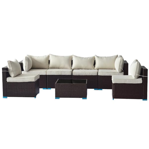 Sudzendf Brown 7-Piece PE Rattan Wicker Patio Conversation Set with Beige Cushions and Glass Table