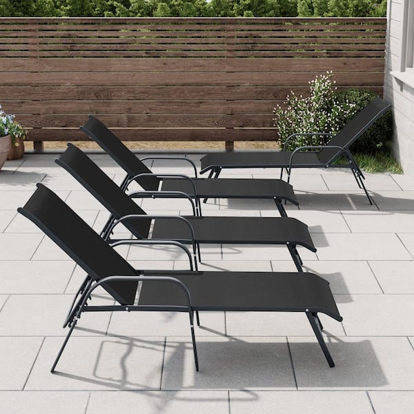 4-Piece Aluminum Adjustable Metal Outdoor Chaise Lounge in Black with Armrests