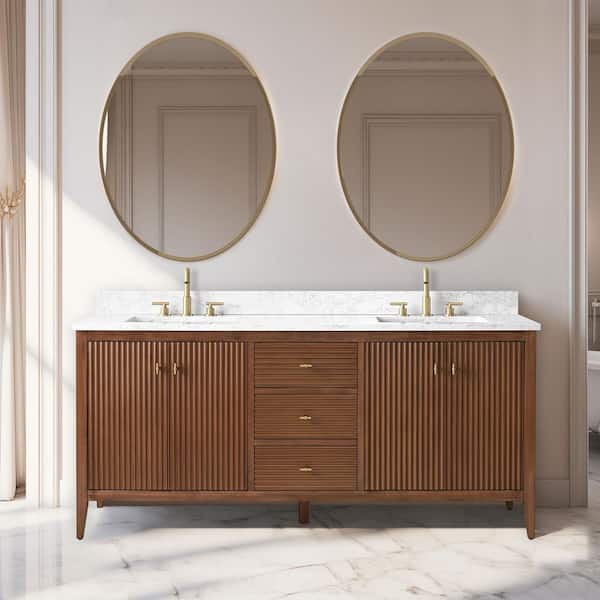 72 in. W x 22 in D x 38 in. H Double Sink Bathroom Vanity Cabinet in Linear Walnut with White Engineered Marble Top