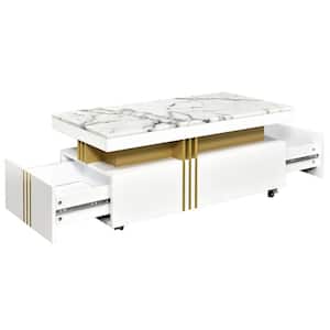 39.3 in. W x 19.6 in. D x 17.5 in. H White Wood Linen Cabinet with Cocktail Coffee Table, Wheels and Faux Marble Top