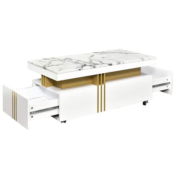 Unbranded 39.3 in. W x 19.6 in. D x 17.5 in. H White Wood Linen Cabinet with Cocktail Coffee Table, Wheels and Faux Marble Top