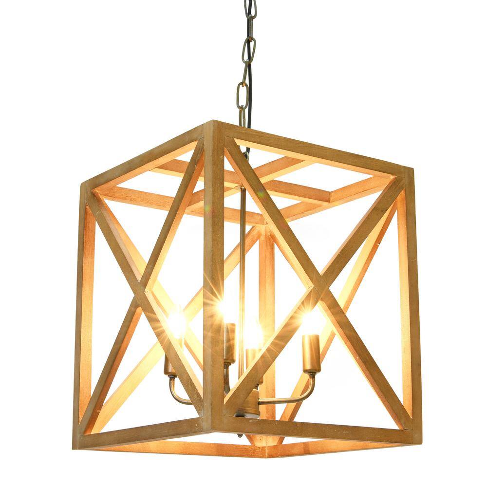 Natural Brown Wood and Metal Cage Chandelier, 4-Bulb