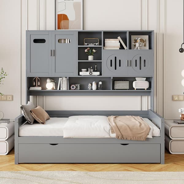 Harper & Bright Designs Multifunctional Twin Size Gray Wood Daybed with Twin Size Trundle, All-in-One Cabinet and Shelves