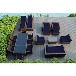 Mixed Brown 20-Piece Wicker Patio Combo Conversation Set with Sunbrella Navy Cushions