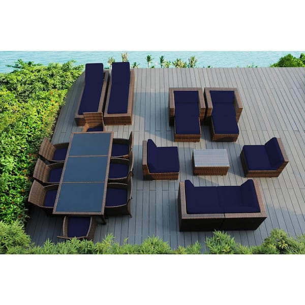 Mixed Brown 20-Piece Wicker Patio Combo Conversation Set with Sunbrella Navy Cushions