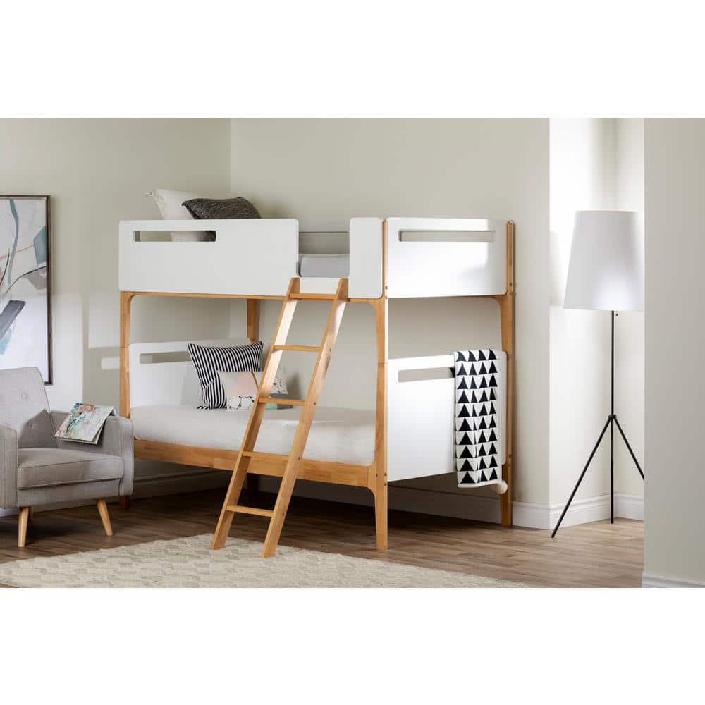 Twin White and Natural Wood Bunk Bed with Guardrails