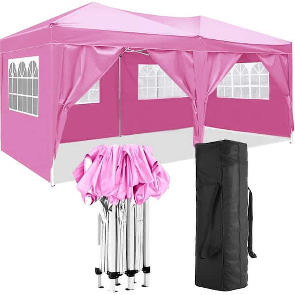 Unbranded Pink 10 ft. x 20 ft. Metal Folding Pop-Up Canopy with 6 Removable Sidewalls, Event Shelter UPF 50+ Gazebo Portable Tent