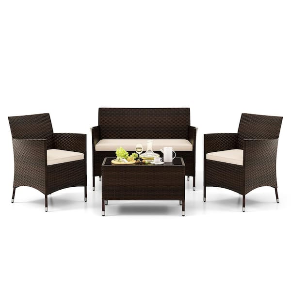 ANGELES HOME 4-Piece PE Rattan Wicker Comfortable Outdoor Patio Conversation Set with Glass Coffee Table and Beige Cushions