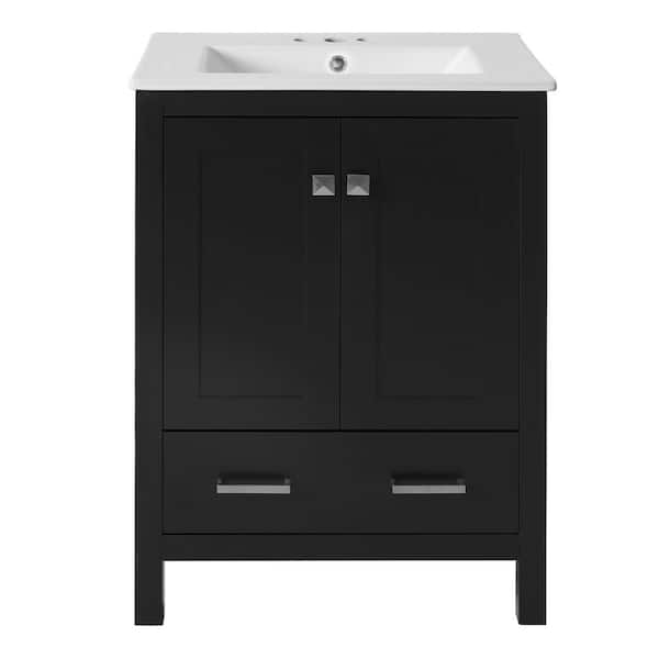 24 in. Single Sink Freestanding Black Bath Vanity with White Ceramic Top, Divider Drawer, Door Racks