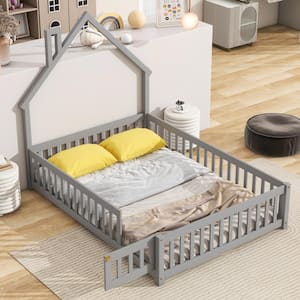 Gray Wood Frame Full Size House Platform Bed, Floor Bed with Chimney and Roof Design, Fence Guardrails with Door
