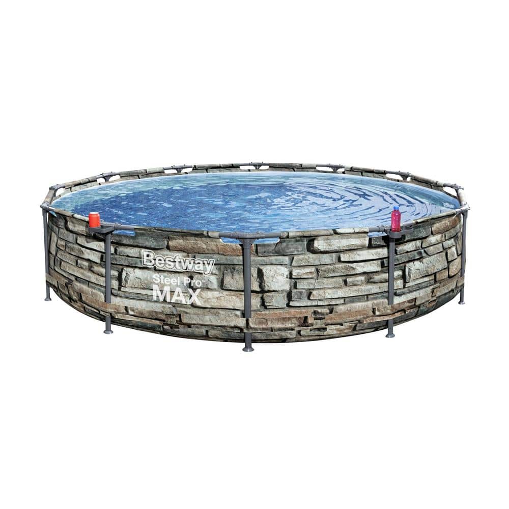 12ft Stone Print Steel Frame Round Above Ground Pool with Filter Pump