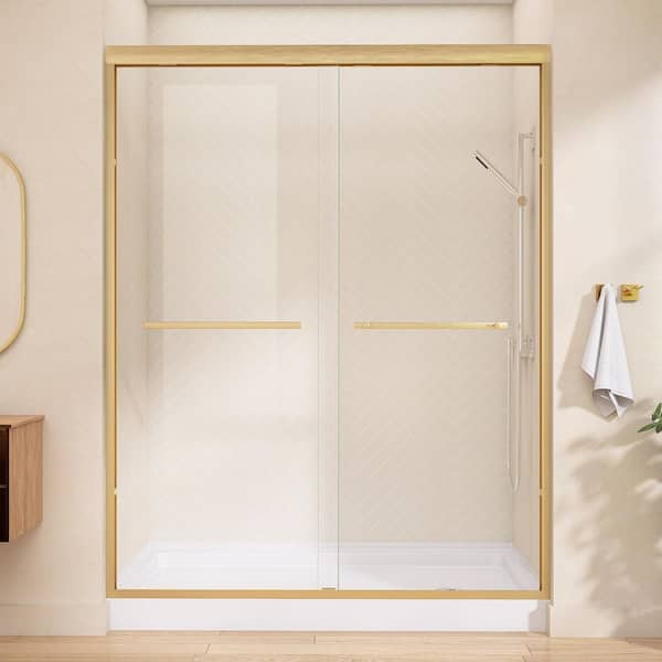 56 in.-60 in. W x 75 in. H Double Sliding Semi-Frameless Shower Door Brushed Gold with 1/4 in. Nano-Coated Clear Glass