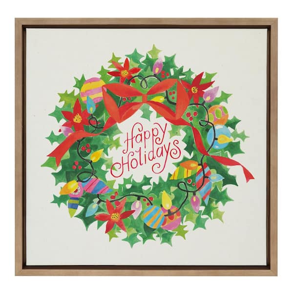 Kate and Laurel Sylvie Xmas Wreath Happy Holidays by Shannon Snow Framed Canvas Holiday Art Print 22 in. x 22 in.