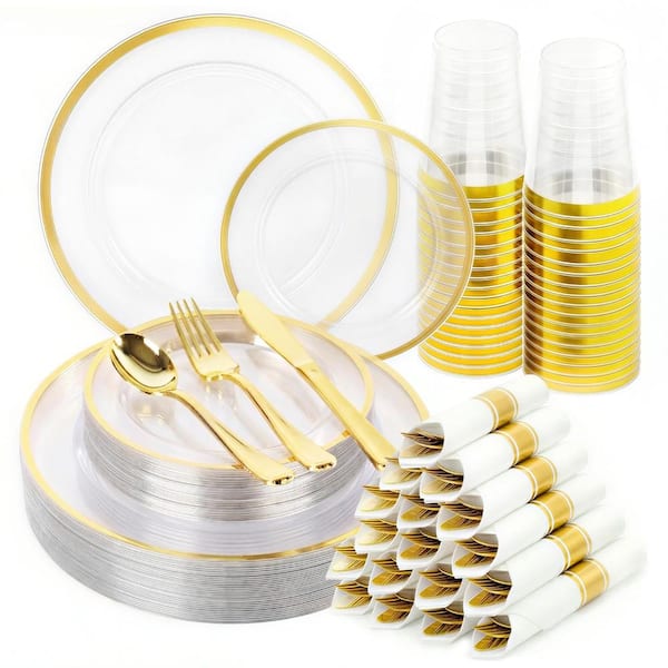 350-Piece Elegant Clear and Gold Plastic Dinnerware Set Service for 50 Guests Set for Home Kitchen