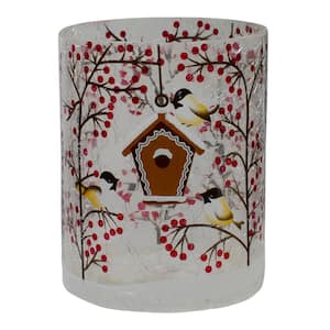 5 in. Red Hand Painted Sparrows and Berries Flameless Glass Christmas Candle Holder