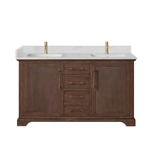 Tokyo 60 in. W. x 22 in. D x 33.9 in. H Double Bath Vanity in Aged Dark Brown Oak with Silk White Quartz Stone Top