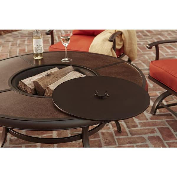 Hampton Bay Redwood Valley 5 Piece Metal Patio Fire Pit Seating Set with Quarry Red Cushions FSS60428RST The Home Depot