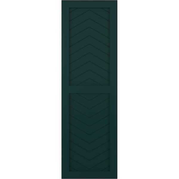 Ekena Millwork 15 in. x 56 in. PVC True Fit Two Panel Chevron Modern Style Fixed Mount Flat Panel Shutters Pair in Thermal Green