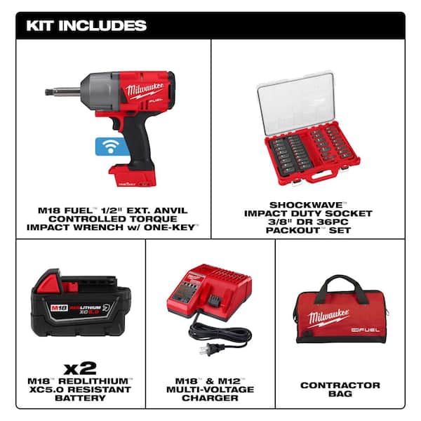 M18 FUEL ONE-KEY 18V Li-Ion Brushless Cordless 1/2 in. Ext Anvil Impact Wrench w/ Batteries & Impact Socket Set