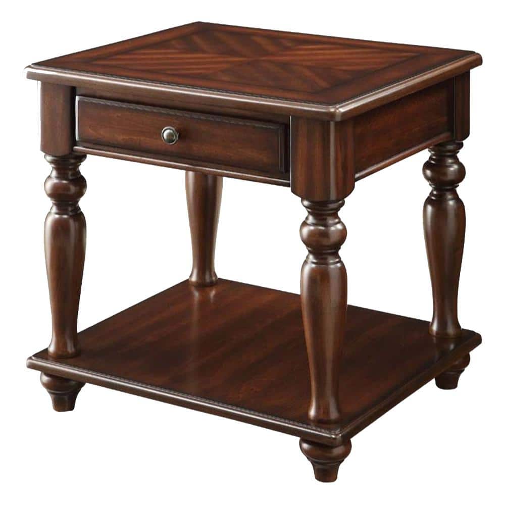 Walnut Brown Wooden End Table with Drawer and Shelf