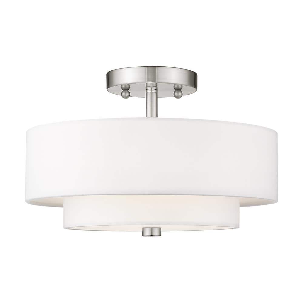 Claremont Brushed Nickel 2-Light Semi-Flush Drum with Off-White Shade