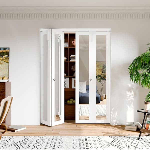 60 in. x 80 in. Full-Lite Mirrored Glass Solid Core White PVC Covering MDF Bi-fold Door with Lock and Handle