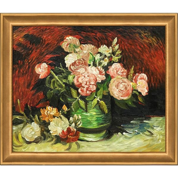 LA PASTICHE Bowl with Peonies and Roses by Vincent Van Gogh Muted Gold Glow Framed Abstract Oil Painting Art Print 24 in. x 28 in.