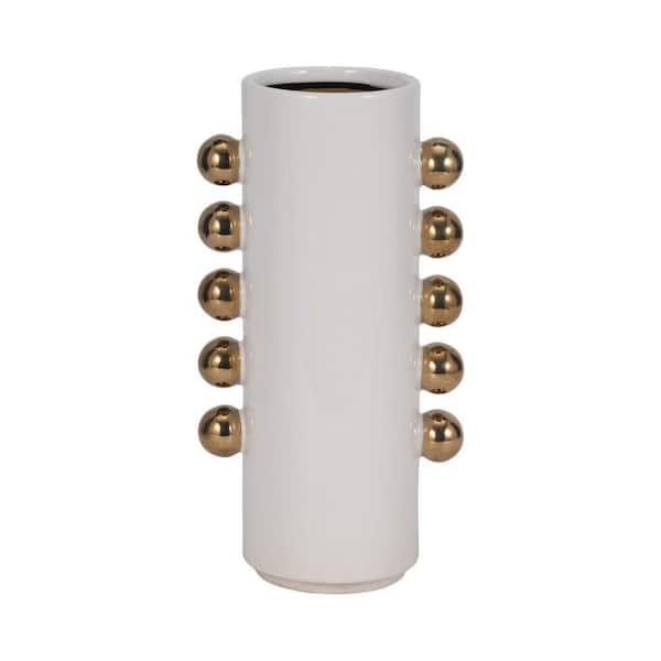13 in. White Stoneware Cylinder Decorative Vase With Side Knobs