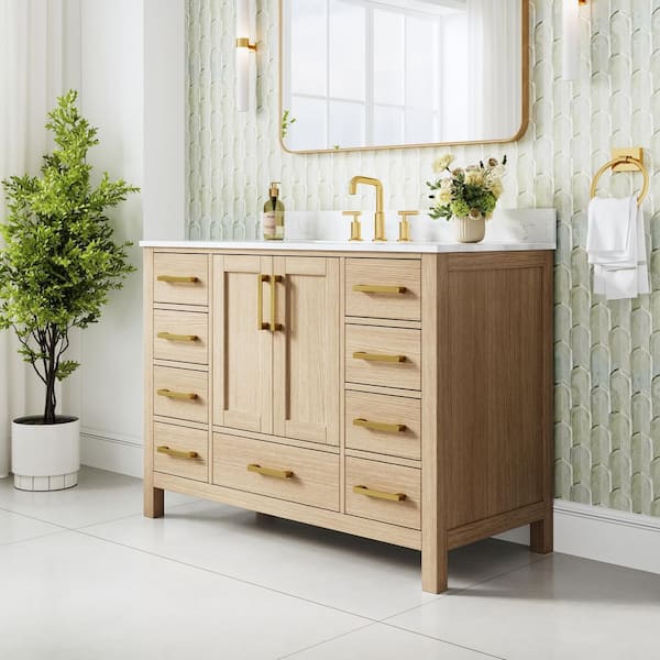48 in. Freestanding Oak Solid Wood Bath Vanity with Durable Carrara White Cultured Marble Top, Soft-Close, Assembled