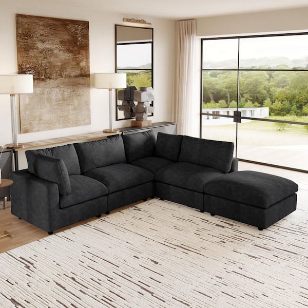 Convertible Cloud Couch, 134 in. Square Arm Chenille L-Shaped Sofa with Ottoman, Washable Cover for Living Room in Black