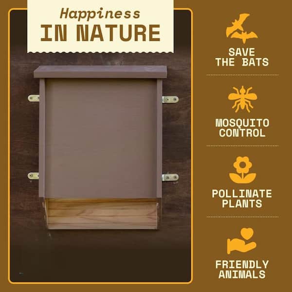 15 in. H x 4 in. W Brown Cedar Wood Bat House Wall Mount Birdhouse with Dual Chamber Design Pole
