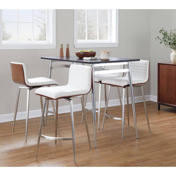 Lumisource Marcel-Mason 5-Piece White Leather, Walnut Wood, Stainless Steel, Chrome Metal and Black Wood Counter Height Dining Set