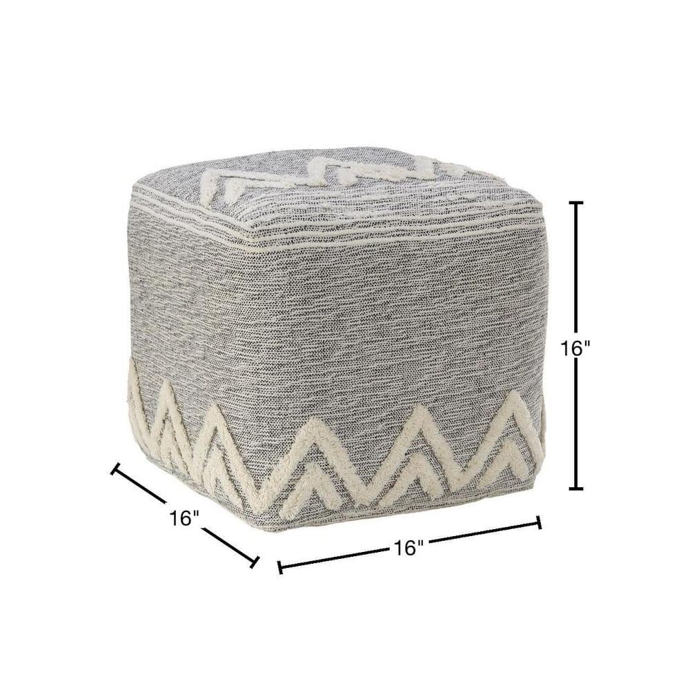 Gray and Ivory Tufted Geometric Square Pouf, 16"