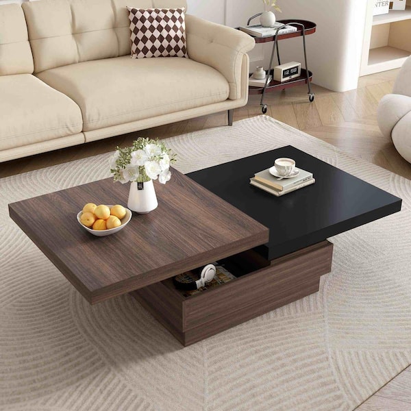 Polibi 35.4 in. Black Square MDF Coffee Table with Rotatable Top and 1 Hidden Storage Space