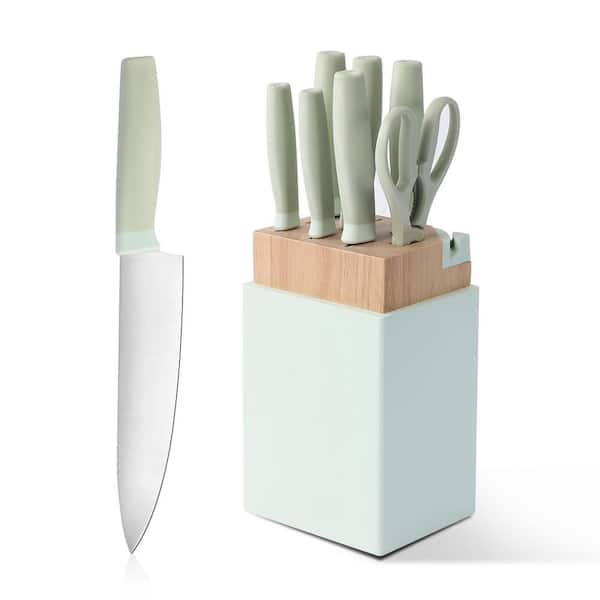 9-Piece Green Stainless Steel Kitchen Knife Block Set with Built-in Sharpener, Dishwasher Safe Knife Set for Kitchen