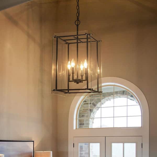 Ellison 4-Light Black Lantern Modern Chandelier with Clear Glass