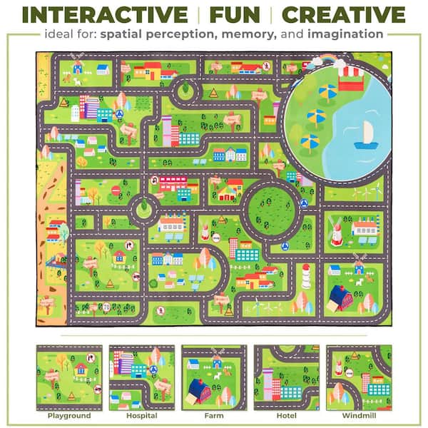 City Streets Car Road Map Interactive Carpet Rug Floor Playmat, Washable (Large), Green 3 ft. x 5 ft. Indoor Area Rug