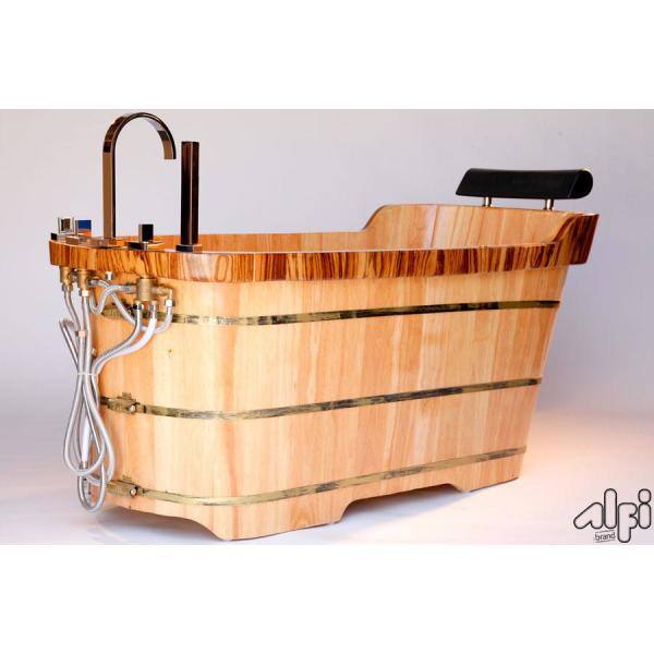 Natural Wood Freestanding Soaking Bathtub with Chrome Faucet