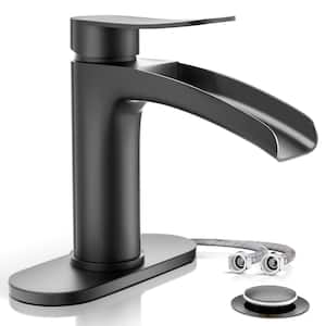 Matte Black Waterfall Bathroom Sink Faucet Single Handle, with 4 IN. Deck Plate and Metal Pop Up Drain Assembly